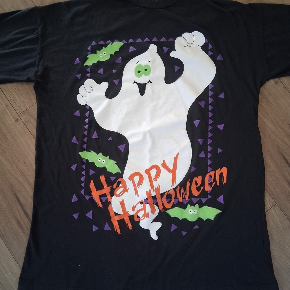 Vintage 90s Happy Halloween Boo Ghost Black Shirt‎ Men's One Size Single Stitch